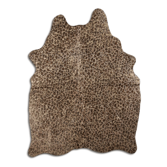 Acid Washed Cowhide Area Rug In Leopard Design On Beige With Gold