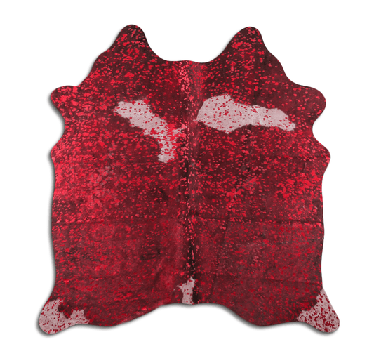 Acid Washed Red Metallic Cowhide Area Rug On Black And White